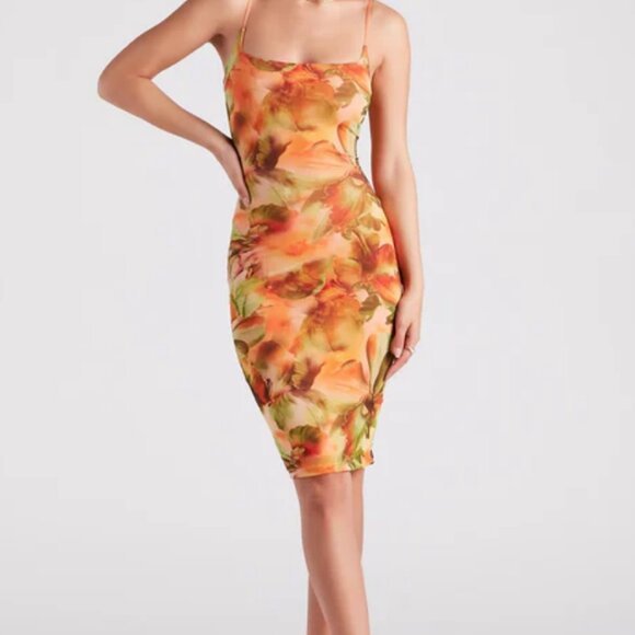 Orange Tropical Floral Midi Dress | Size Medium - Picture 1 of 4
